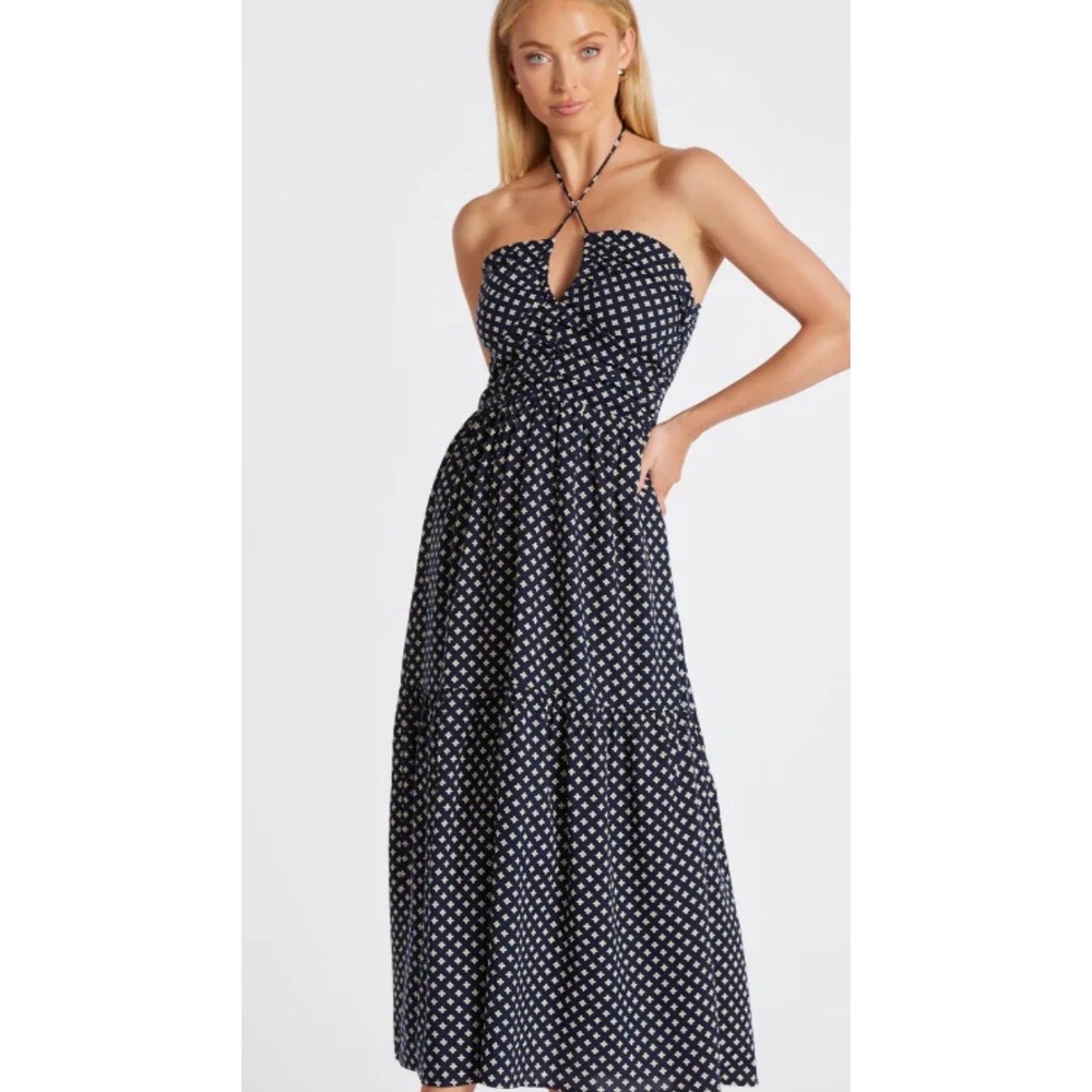 Women's S Navy Halter Maxi Dress Fit-N-Flare Clover Print Anthro Wedding‎